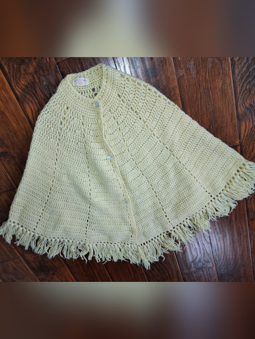 Vintage Crochet Fringe Button-Front Sweater Cape - Cream